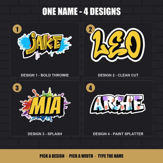 Graffiti name sticker design chart - Design 1 to 4 for personalised name labels