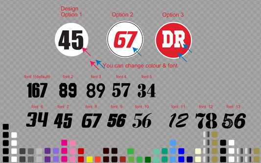 Three roundel designs with 13 font choices and custom colour chart
