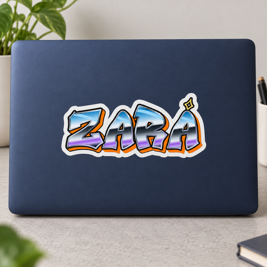 Custom graffiti name sticker on a laptop, Design 1
