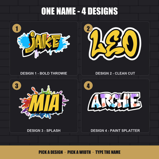 Graffiti name sticker – design chart showing Option 1 to 4 styles