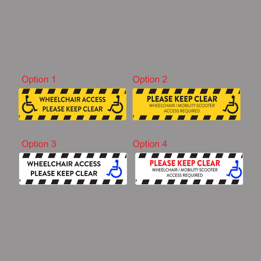 Chart of the four wheelchair access decal designs, Option 1 to Option 4: yellow or white with black hazard stripes, wheelchair symbols and PLEASE KEEP CLEAR wording.