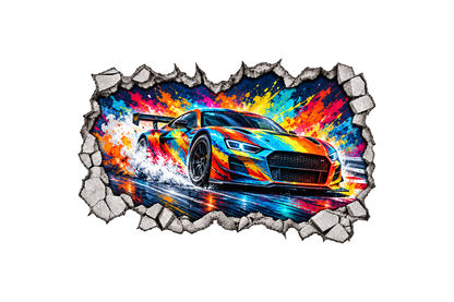 Car Racing sports cracked wall mural sticker with colourful paint splashes and a printed concrete edge