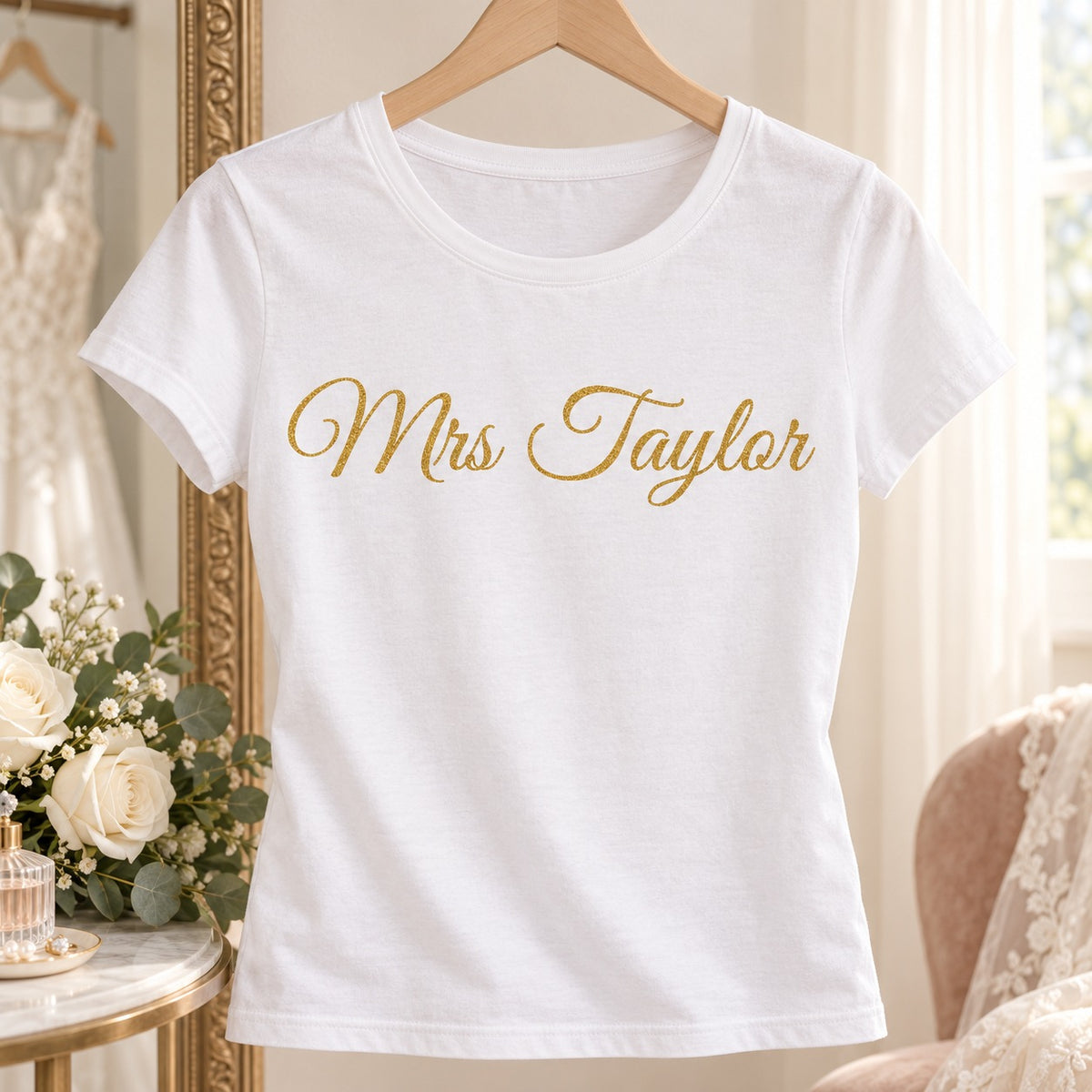 Gold glitter iron-on lettering 'Mrs Taylor' on a white bridal T-shirt