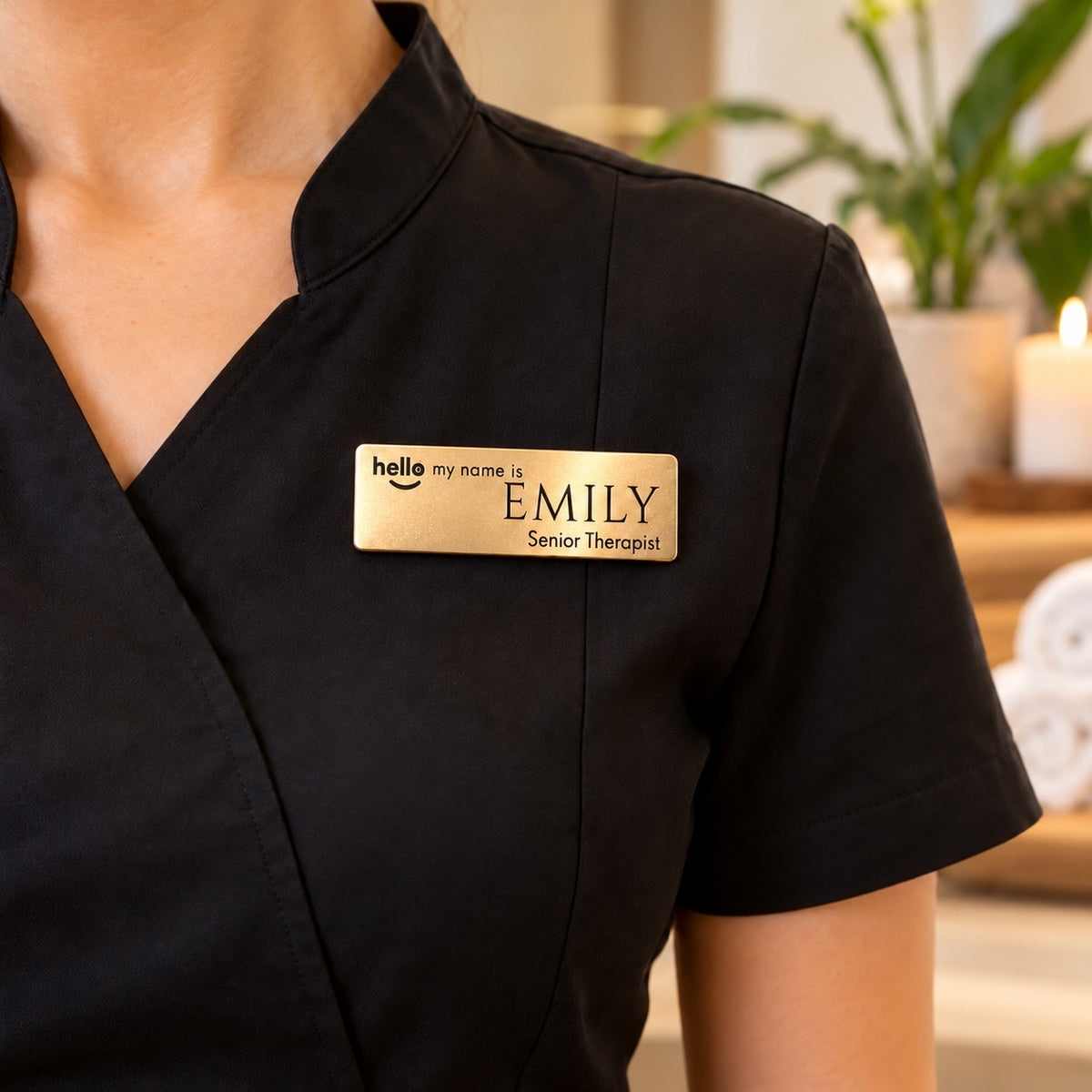 Gold Hello My Name Is name badge, Option 2, worn on a spa therapist's tunic