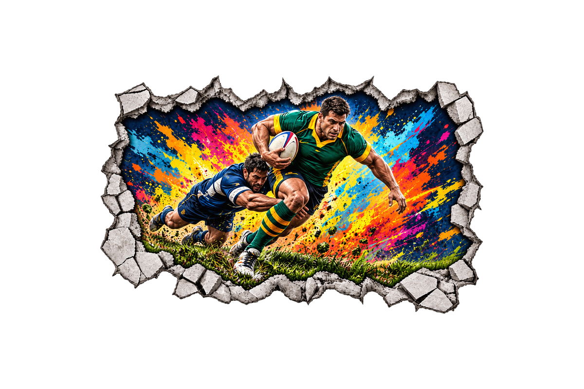 Australian Rugby sports cracked wall mural sticker with colourful paint splashes and a printed concrete edge