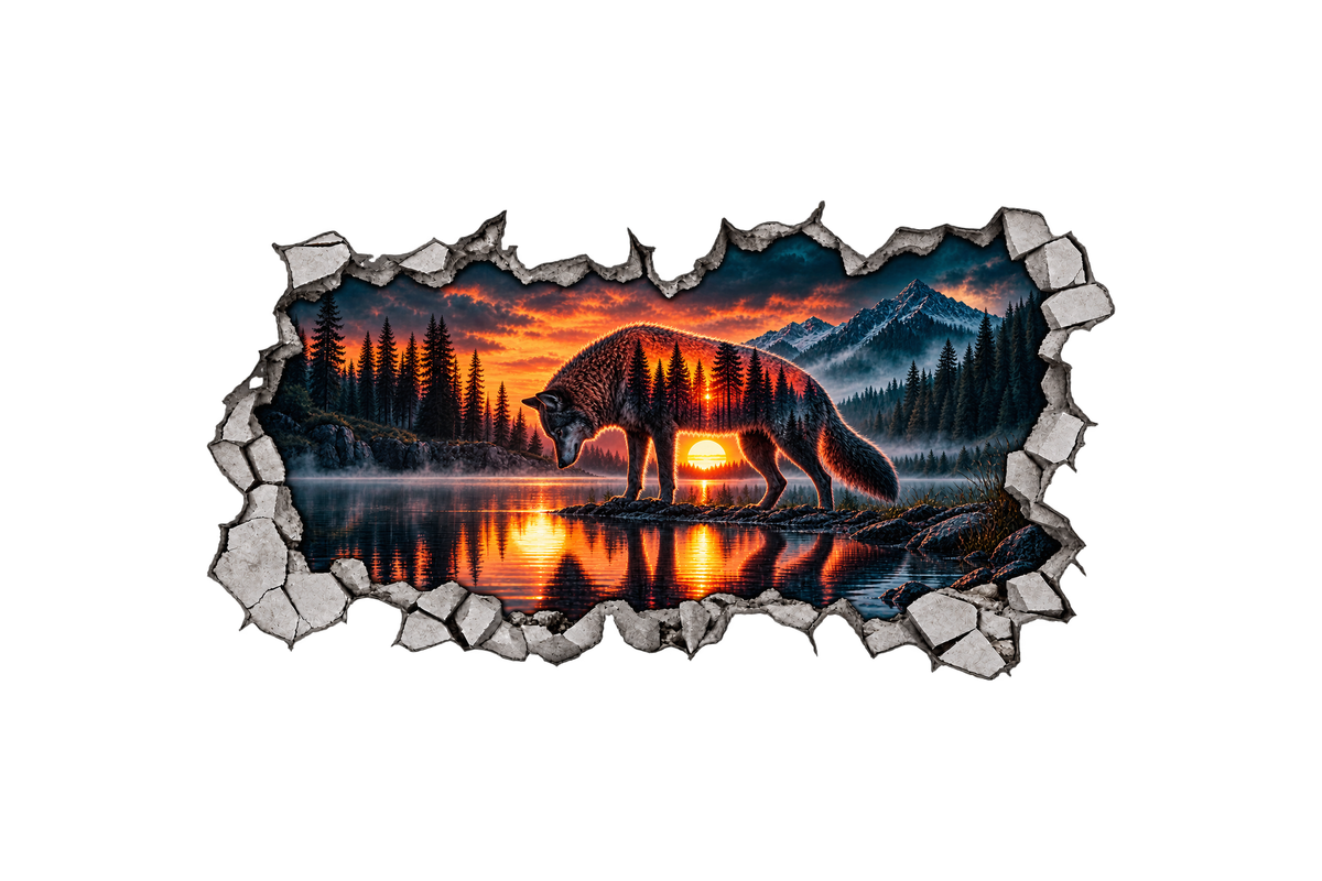 Wolf Sunrise cracked wall mural sticker with bowed head and sun beneath its belly
