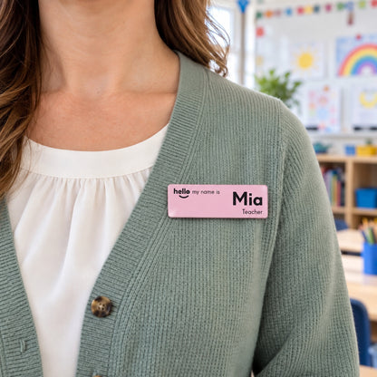 Pink Hello My Name Is name badge, Option 3, worn by a teacher in a classroom