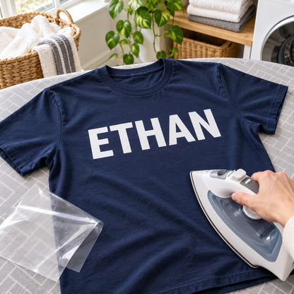 Applying a white iron-on name transfer to a navy T-shirt with a household iron
