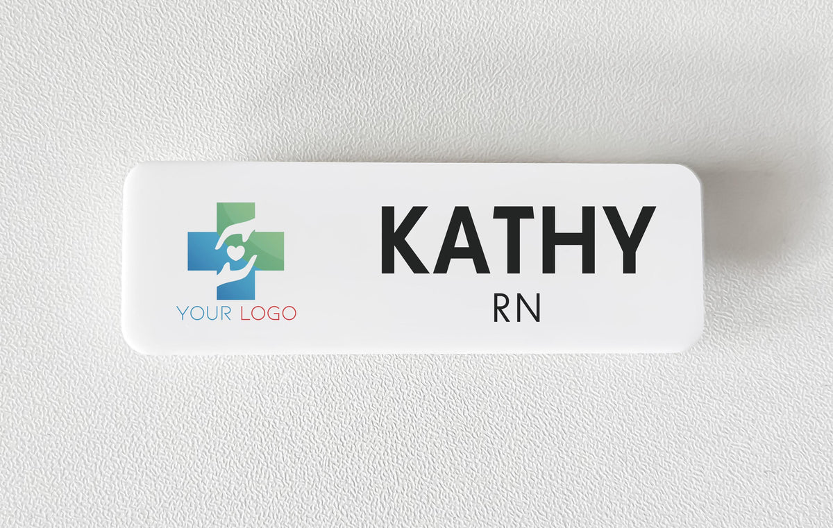 White acrylic name badge with a printed company logo