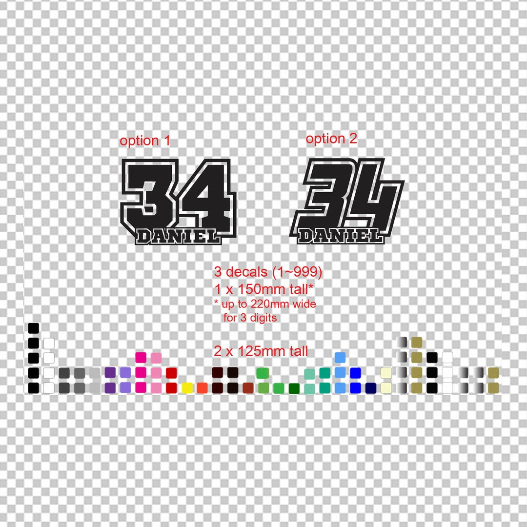 Racing plate number decal – black number and name designs with silver outline in two styles