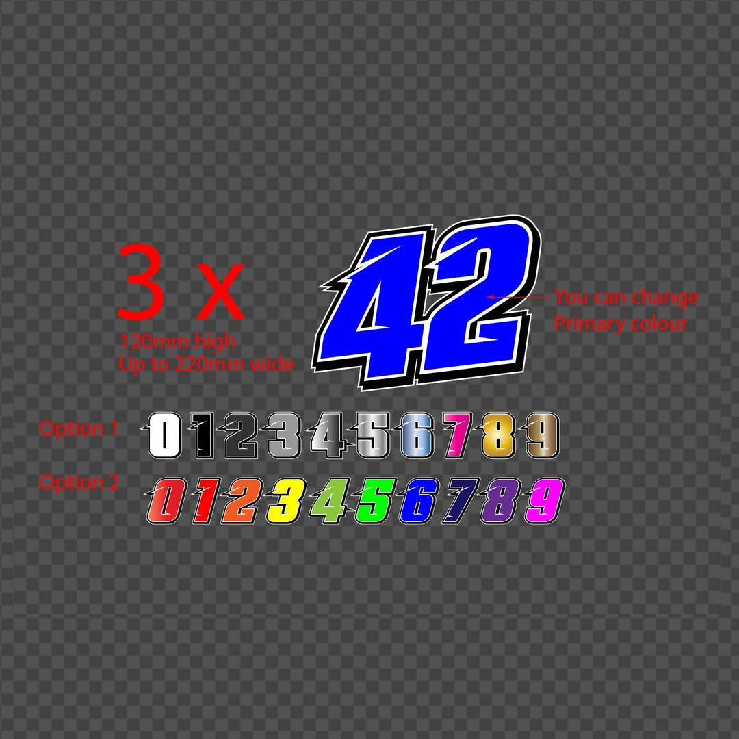 Supercross number decal – blue number 42 with black outline and two rows of digit colour options