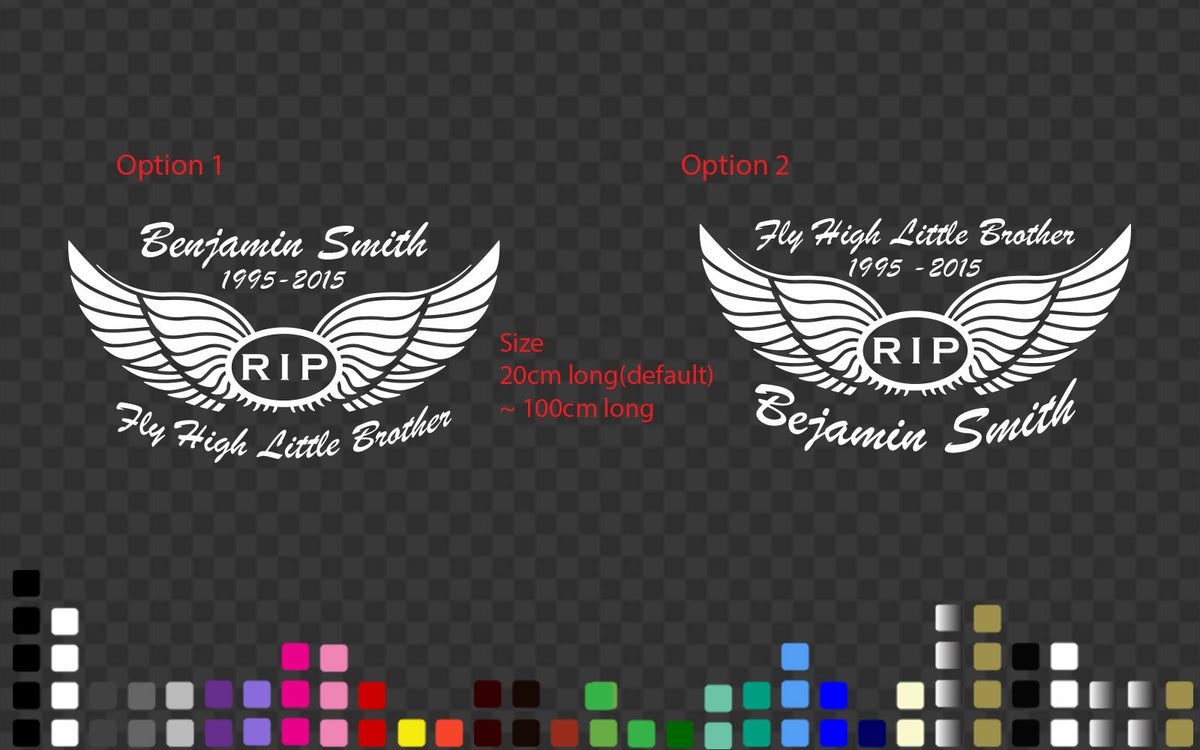 Custom Memorial Car Sticker RIP Decal Angel Wings Fly High Name Date — shown applied