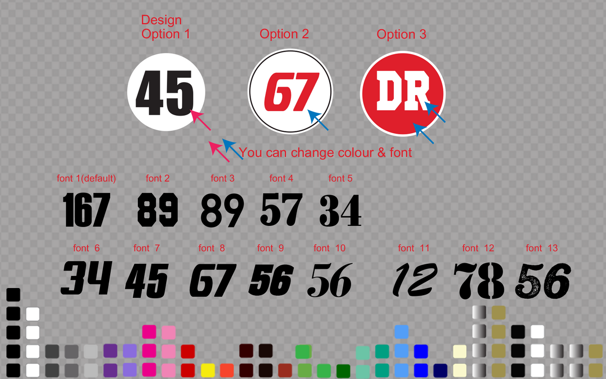 Three roundel designs with 13 font choices and custom colour chart