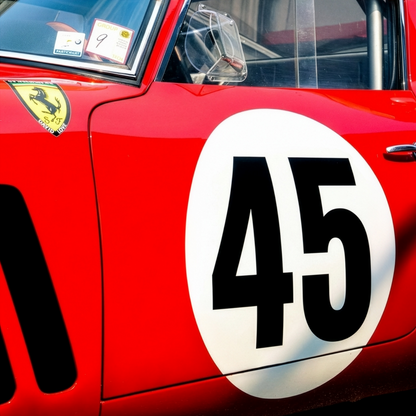 Custom race number roundel decal on a red car door