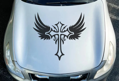 Cross Angel Christian Decal - Religious Winged Cross Sticker for Cars, Bikes — size guide