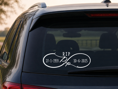 Custom RIP Infinity Memorial Decal for Dad Mum Pop — size guide