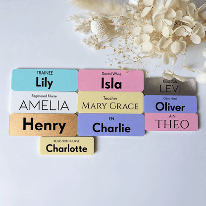 Custom Acrylic Name Badge: Pastel & Metallic, Pin or Magnetic Title Top — product photo