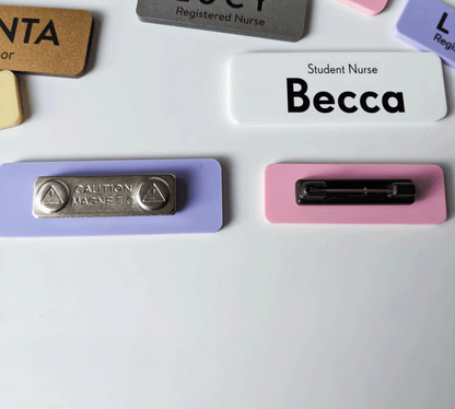 Custom Acrylic Name Badge: Pastel & Metallic, Pin or Magnetic Title Top — size guide