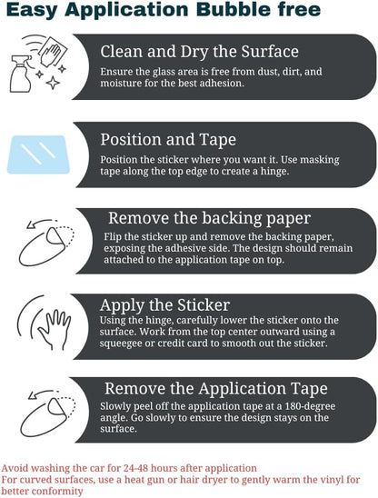 Step-by-step guide for applying a bubble-free sticker with icons and text.
