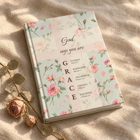 Personalized birth flower prayer journal with the name GRACE in a cross, June rose cover