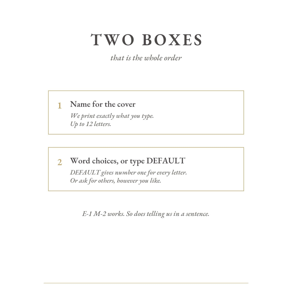 Two boxes to fill in: name for the cover, and word choices or DEFAULT