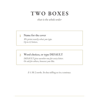Two boxes to fill in: name for the cover, and word choices or DEFAULT