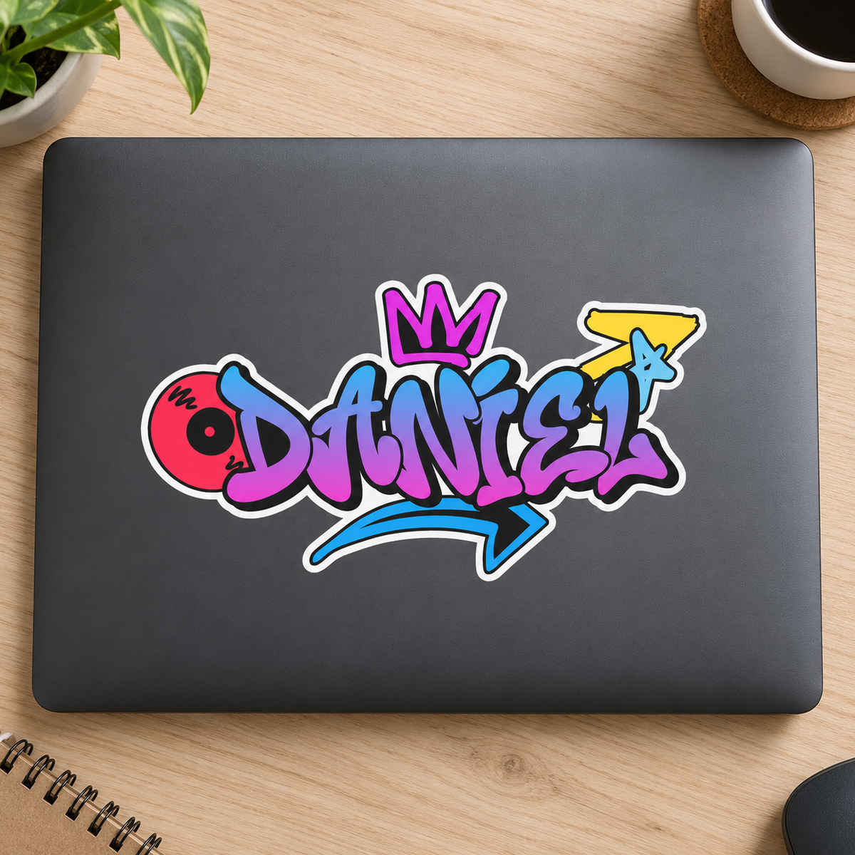 Custom graffiti name sticker on a laptop, Design 2