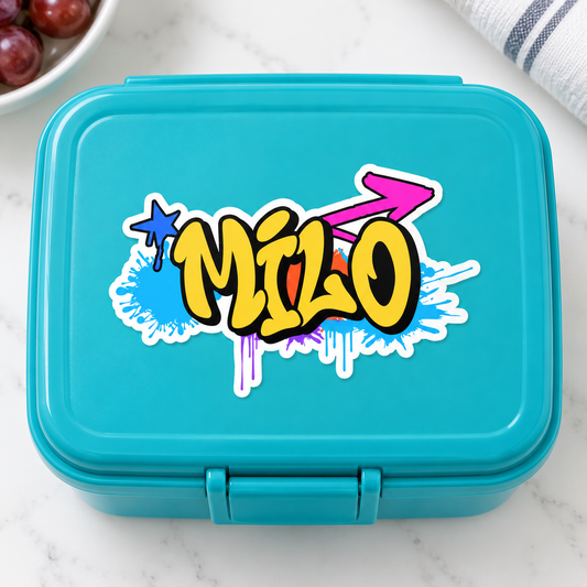 Custom graffiti name sticker on a lunchbox, Design 3