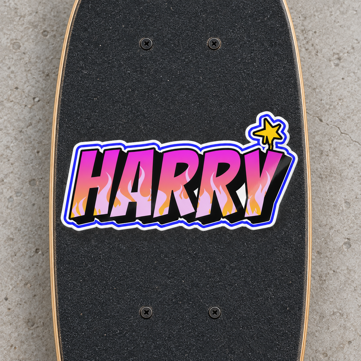 Custom graffiti name sticker on a skateboard, Design 4