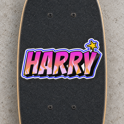 Custom graffiti name sticker on a skateboard, Design 4