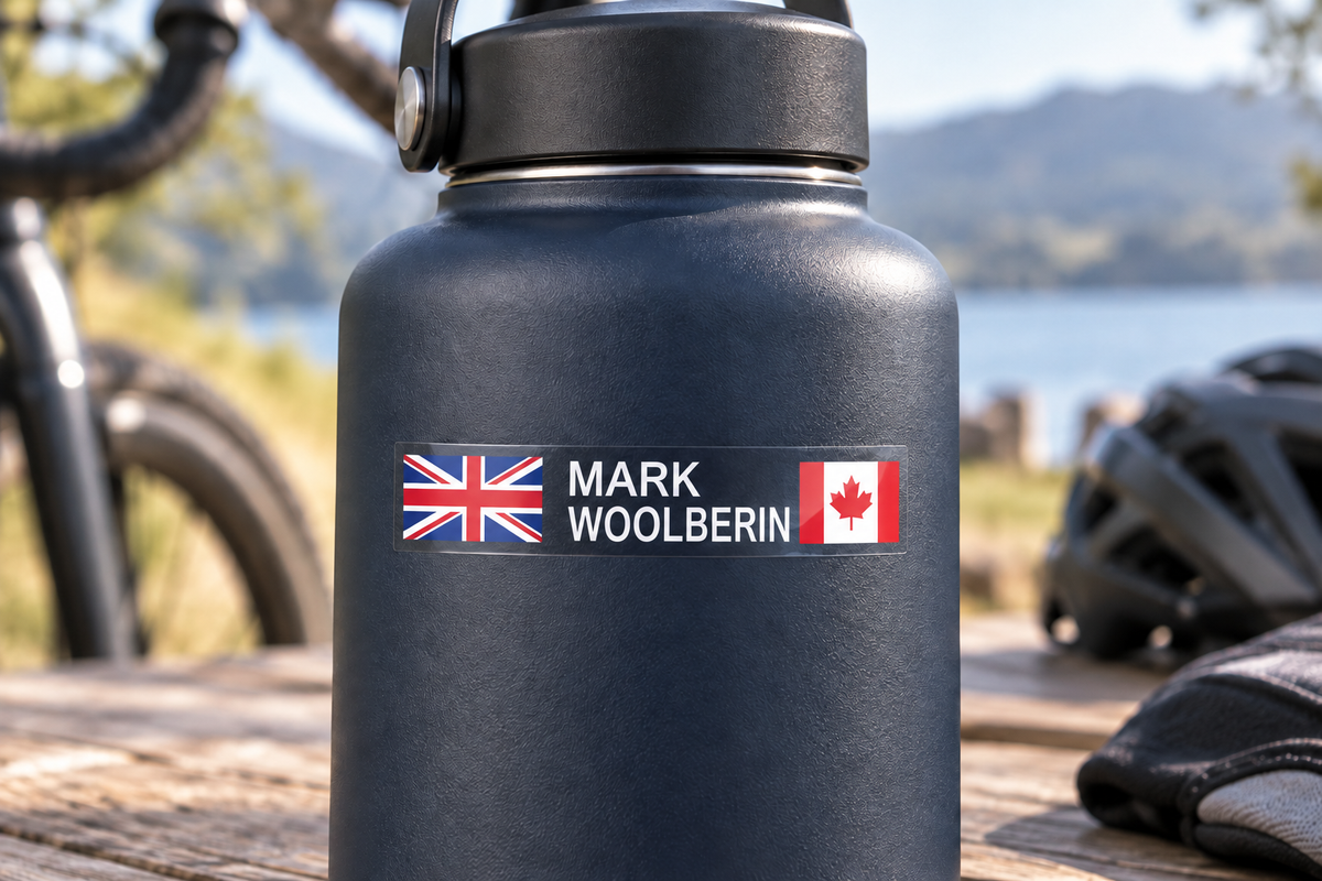 Two flag block capital name sticker on a drink bottle – printed on clear vinyl