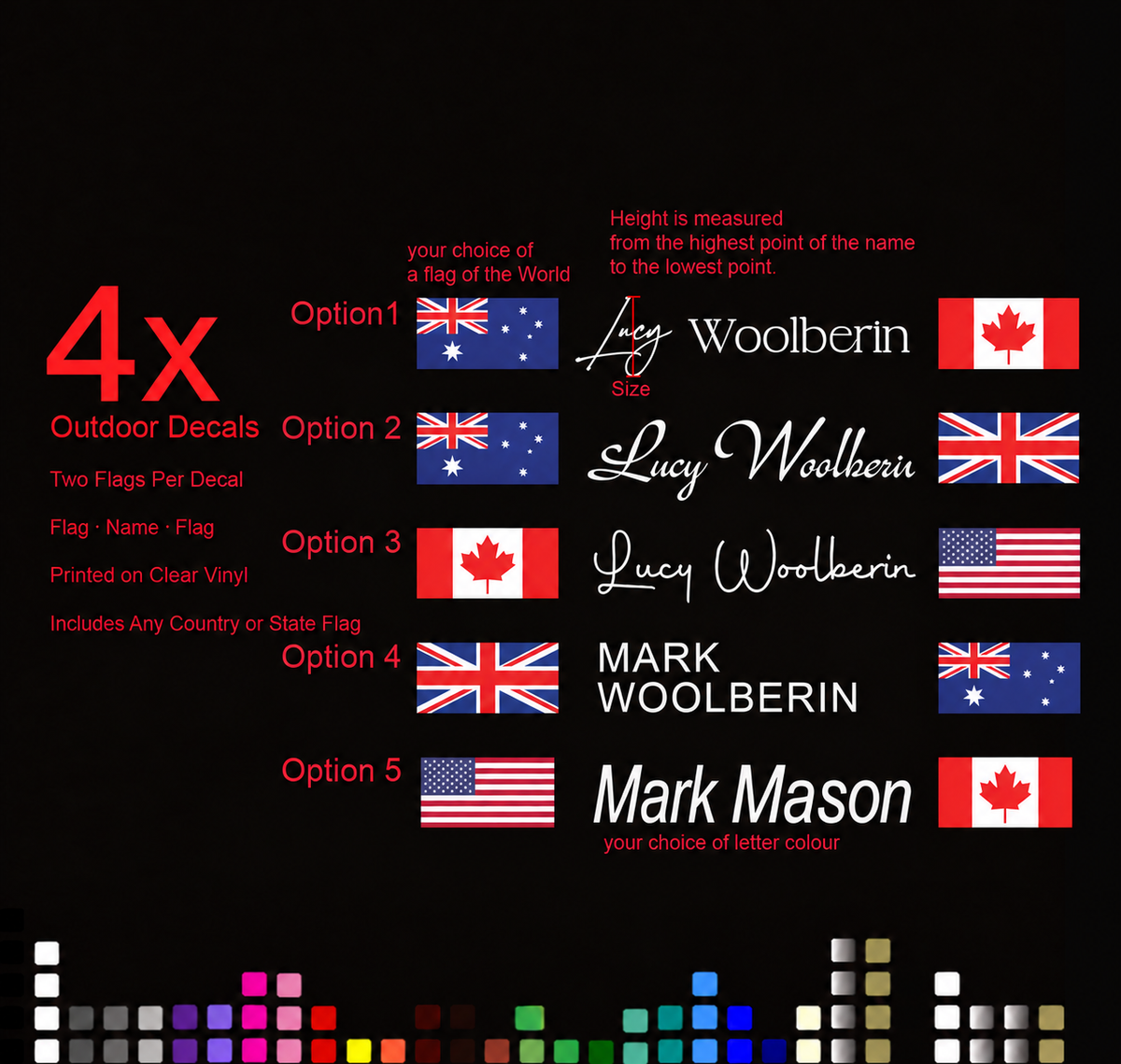 Set of 4 two flag name stickers – printed on clear vinyl with five lettering styles