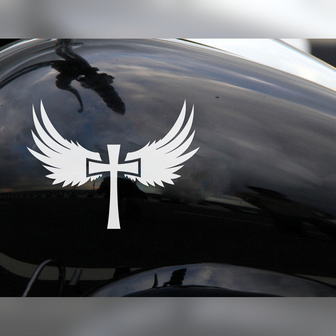 Cross angel decal – white winged cross sticker on a black motorbike fuel tank