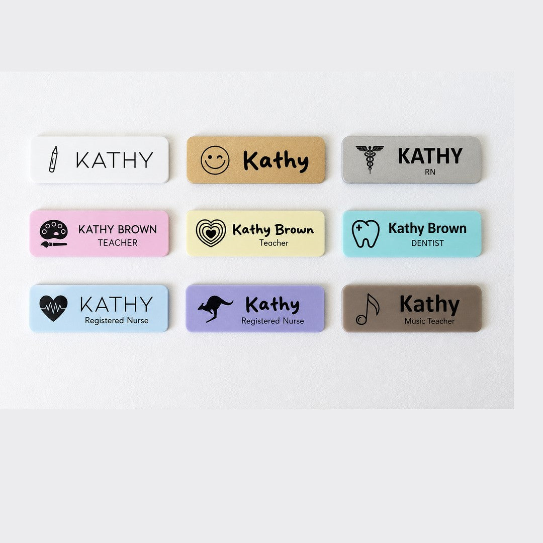 Acrylic name badge options chart – nine pastel, gold, silver and brown badges with names, job titles and small icons