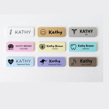 Acrylic name badge options chart – nine pastel, gold, silver and brown badges with names, job titles and small icons