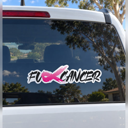 F*ck Cancer ribbon decal – pink ribbon and black brush lettering with white border on a ute rear window