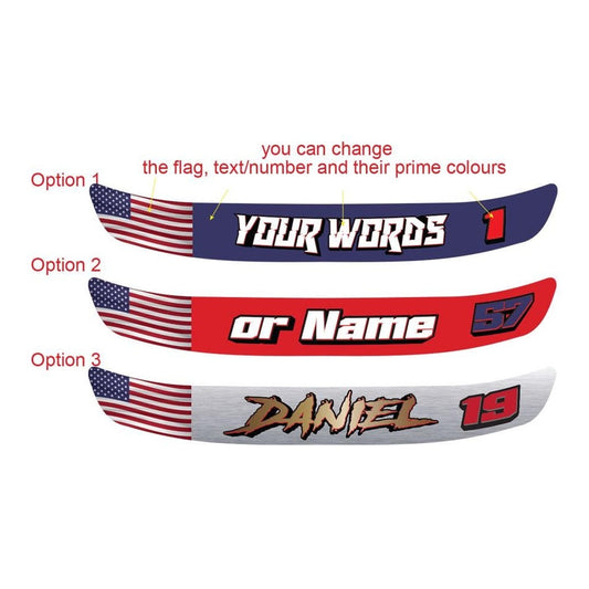 Helmet visor flag decal – three US flag visor strip options with name and number on a white background