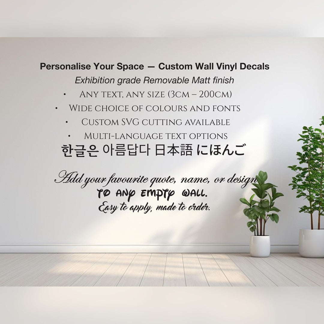Custom wall name decal – black lettering in several fonts and languages on a white living room wall