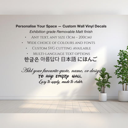 Custom wall name decal – black lettering in several fonts and languages on a white living room wall