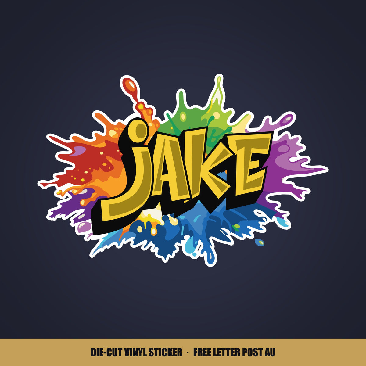 Custom name graffiti sticker on a rainbow paint-splash backing, shown with the name Jake in gold letters