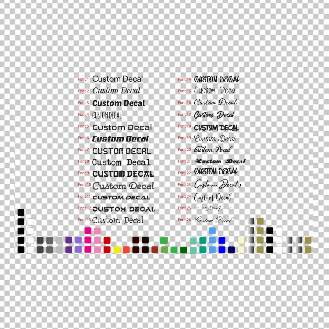 Personalised name wall and door decal – 26 font options for custom text with a row of colour swatches
