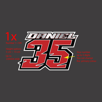 Custom race number decal – red number 35 with a chrome name above, black and white outlines