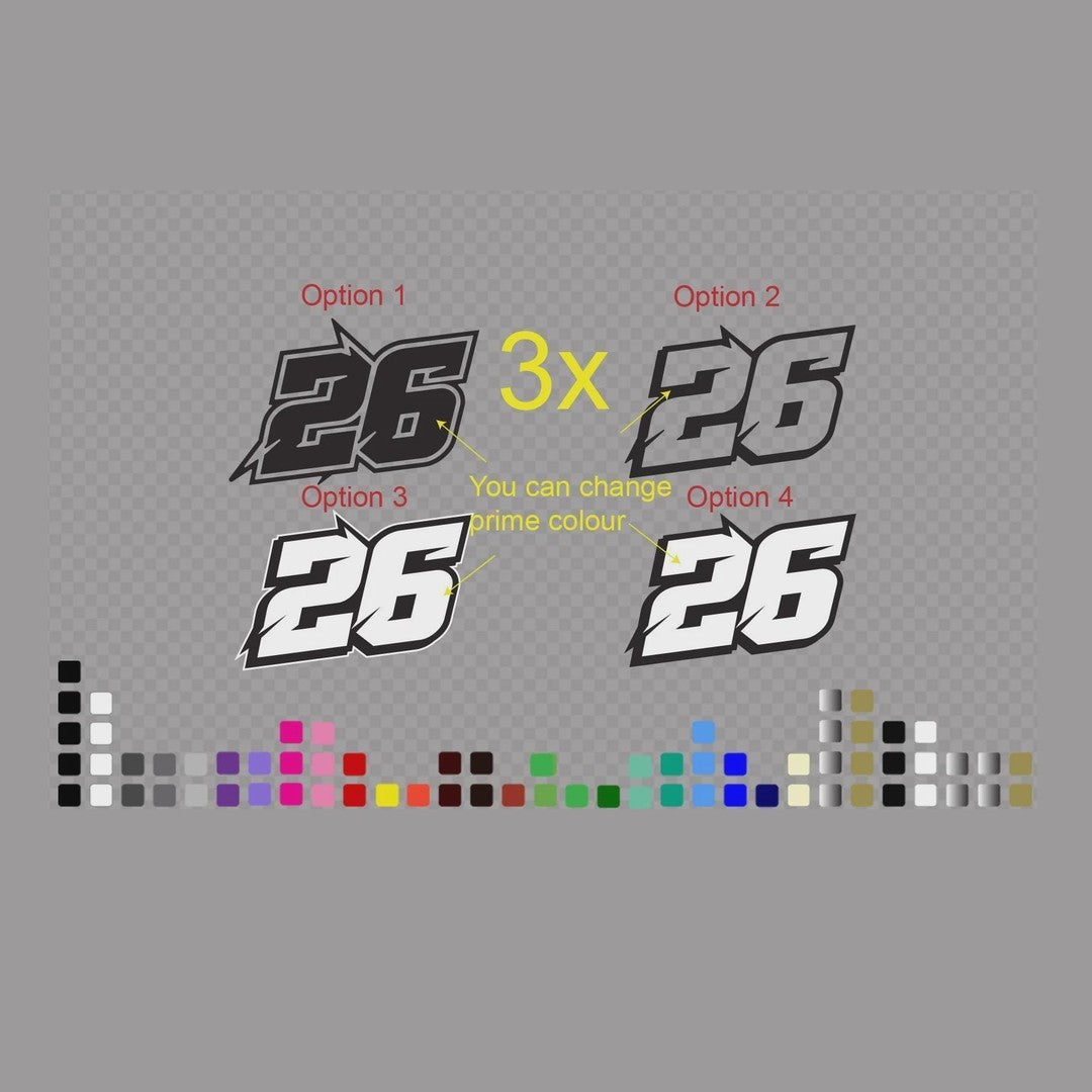 Race numbers decal – four bold number 26 design options shown with a row of colour swatches