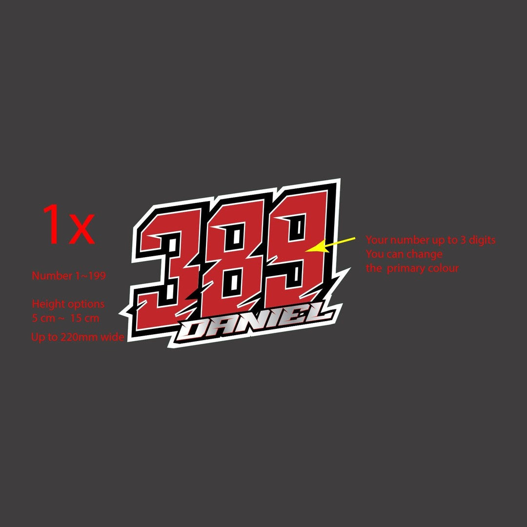 Custom racing number decal – red number 389 with rider name for a motocross or dirt bike plate