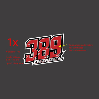 Custom racing number decal – red number 389 with rider name for a motocross or dirt bike plate
