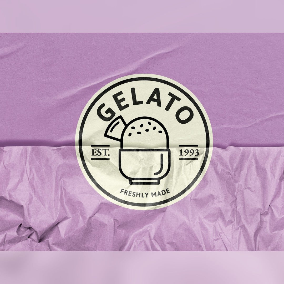 Custom shape label sticker – round gelato logo sticker shown on a purple background