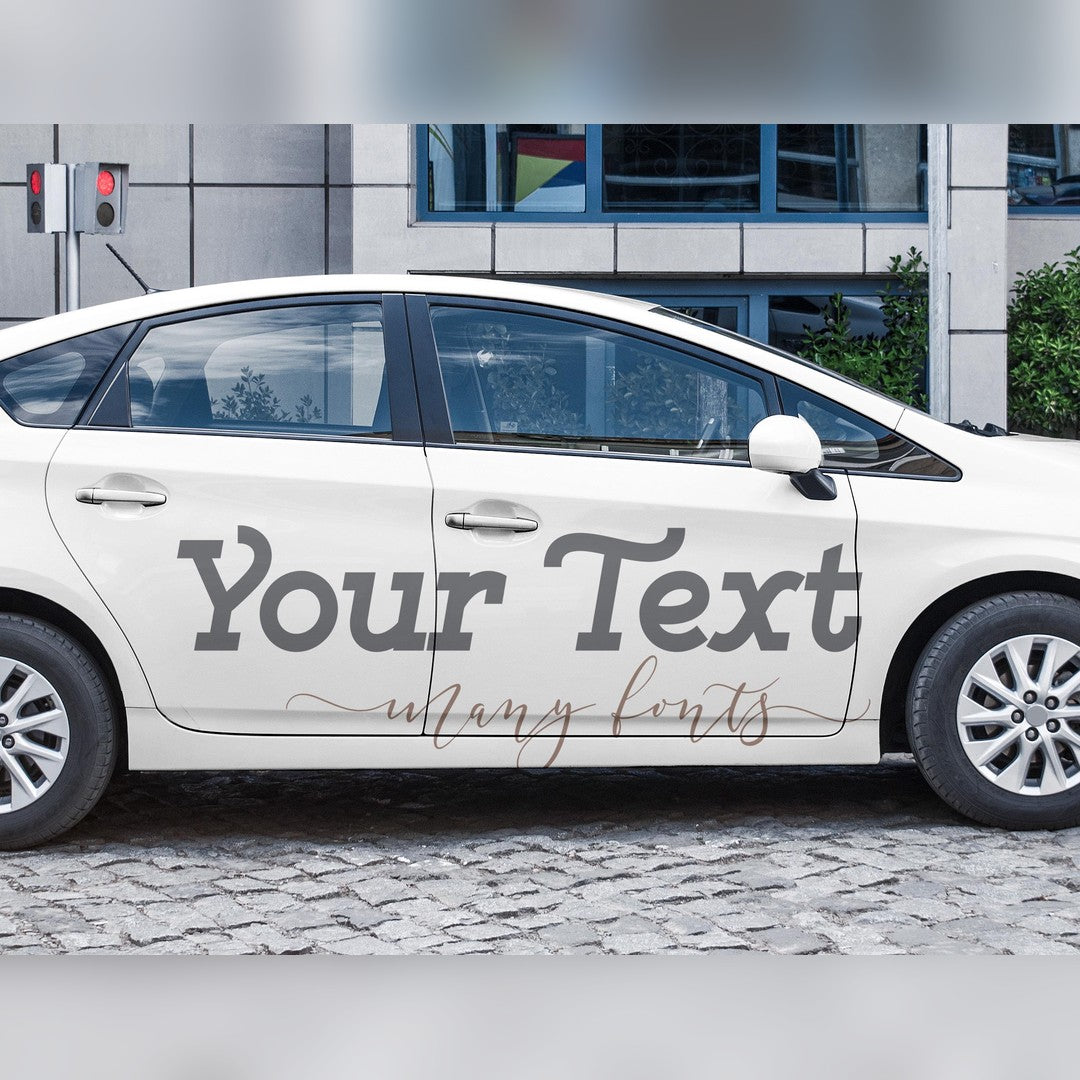 Personalised name decal – custom lettering in a choice of fonts along the side of a white car