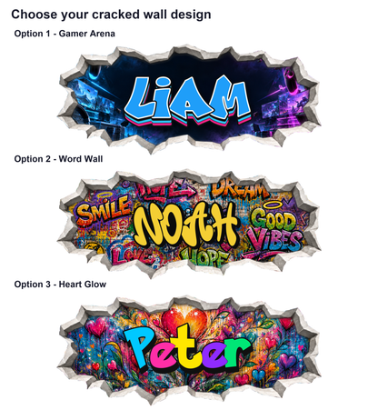 Three plaster cracked wall name designs: Gamer Arena, Word Wall and Heart Glow