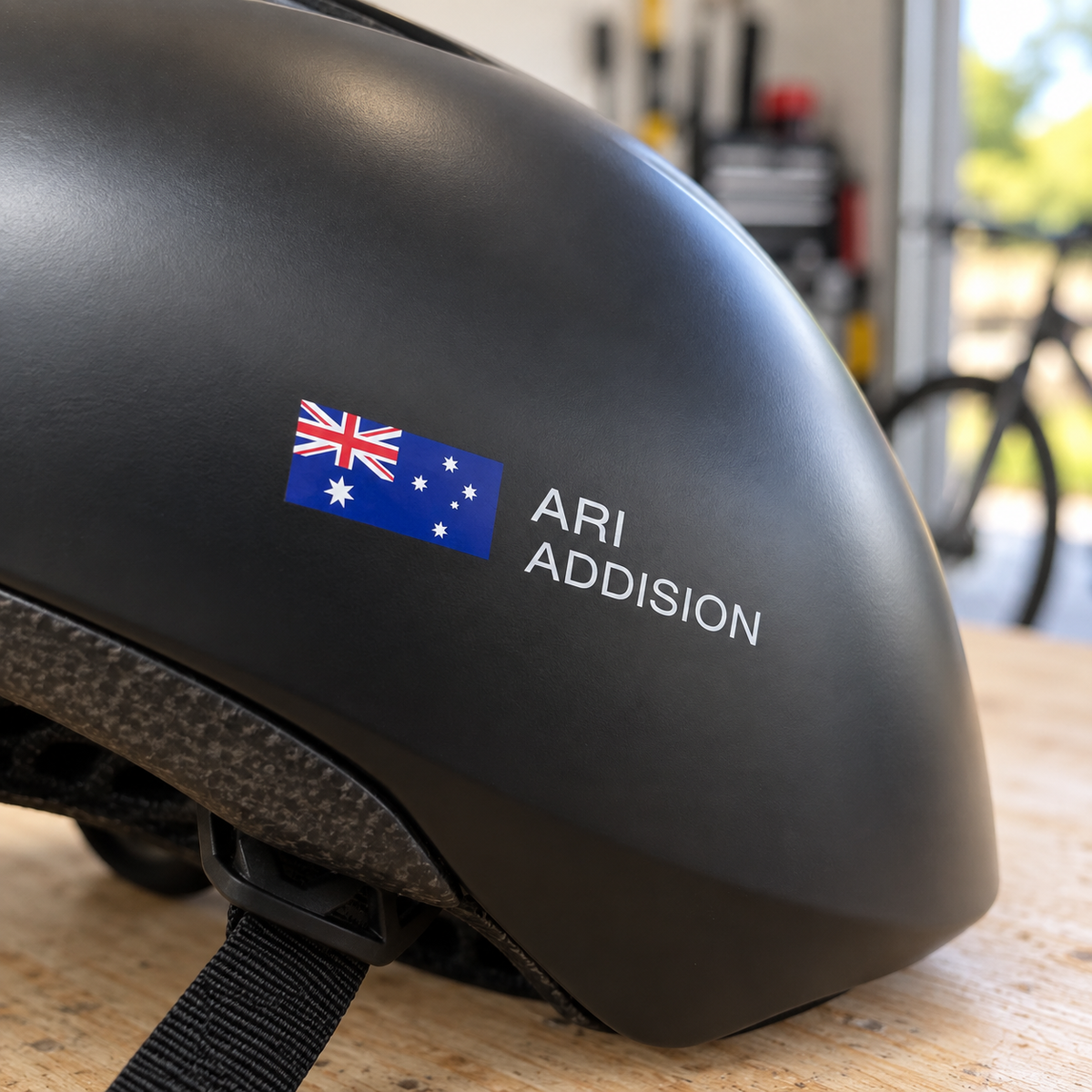 Clear print Australian flag name sticker on a black cycling helmet