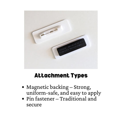 Name badge attachment types shown from the rear — pin fastener and magnetic backing